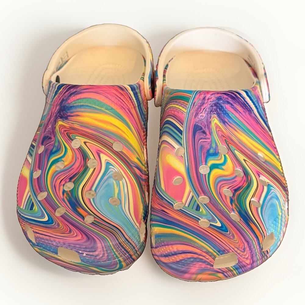 Crocs Clogs Women's Sz 9 Shoes Pink Yellow Blue Pastel Tie Dye Brushstrokes